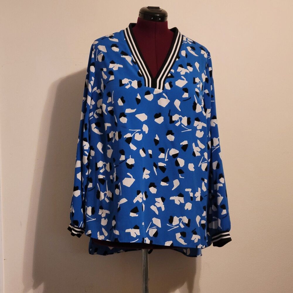 Alfani Womens 2X Blouse Blue Black White V Neck Abstract Print Hi Low